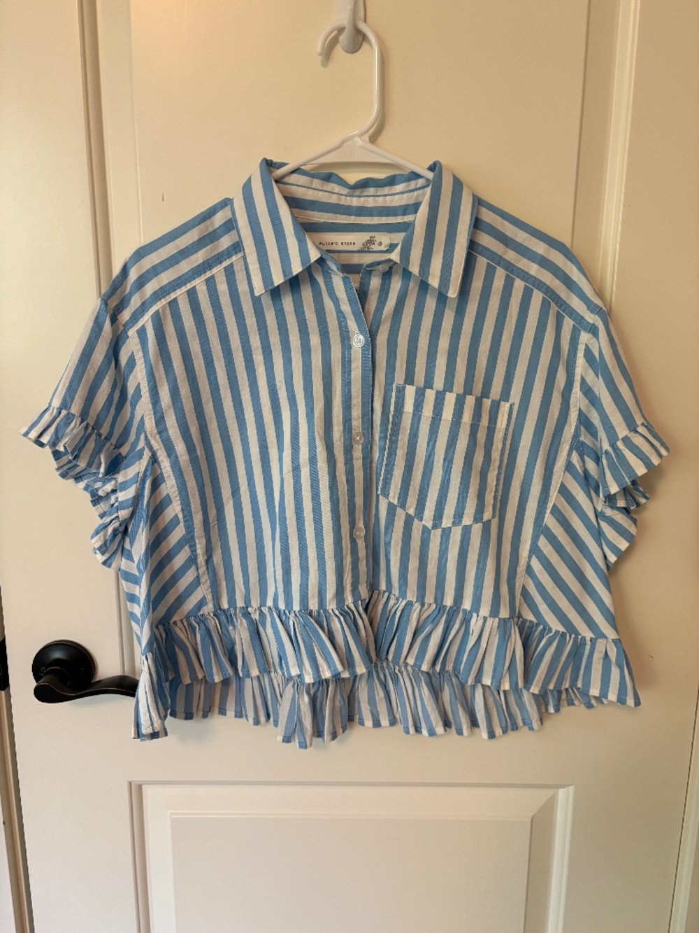 Altar'd State Illiana Ruffle Sleeve Top Ivory-Blue Women's Small